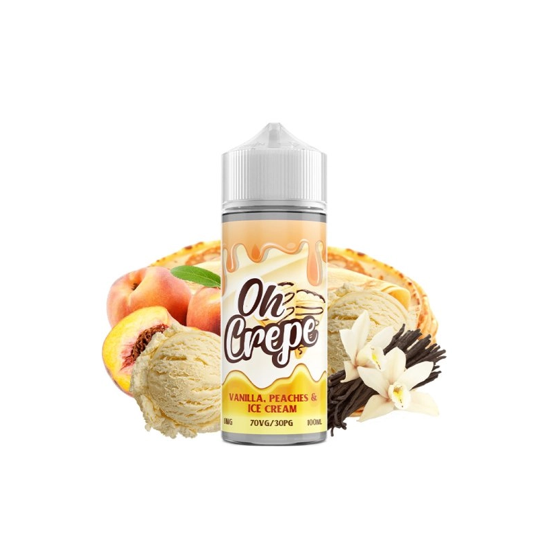 E-liquide Vanilla Peaches & Ice Cream 100ml – VapeIQ Oh Crepe | Pêche, Vanille et Crème Glacée | Fabriqué au Royaume-Uni | Eleci CONTENANCE  100ml